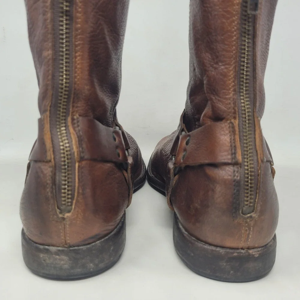 Frye Boots 12D Brown Leather Phillip Harness Short Moto Engineer Distressed Zip